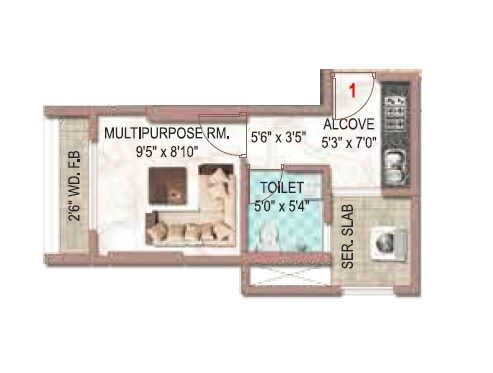 Floor plan of 180 Sq. Ft. Studio in Virani Marina, Thane
