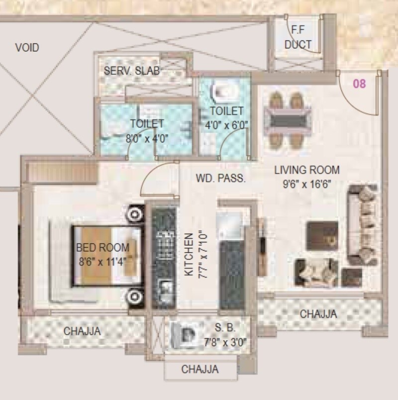 Floor plan of 1 BHK 462 Sq. Ft. Apartment in Virani Sky Heights, Thane