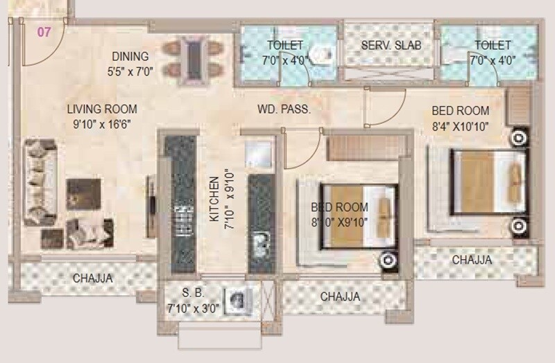 Floor plan of 2 BHK 626 Sq. Ft. Apartment in Virani Sky Heights, Thane