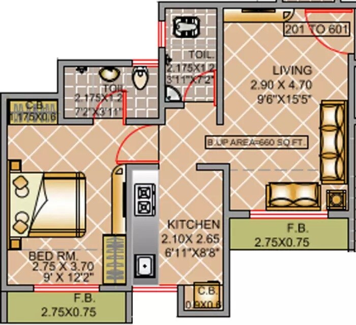 Floor plan of 1 BHK 660 Sq. Ft. Apartment in Virat Green Avenue, Thane