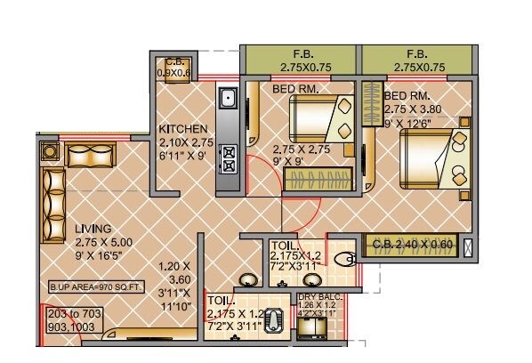 Floor plan of 2 BHK 970 Sq. Ft. Apartment in Virat Green Avenue, Thane