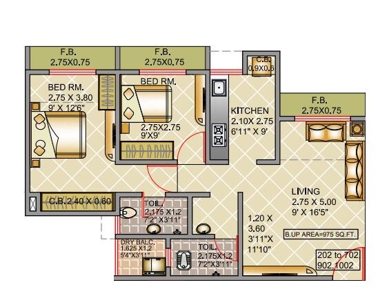 Floor plan of 2 BHK 975 Sq. Ft. Apartment in Virat Green Avenue, Thane