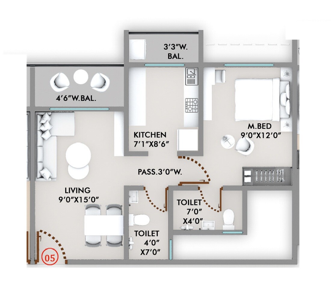 Floor plan of 1 BHK 405 Sq. Ft. Apartment in Virat Vastu, Thane