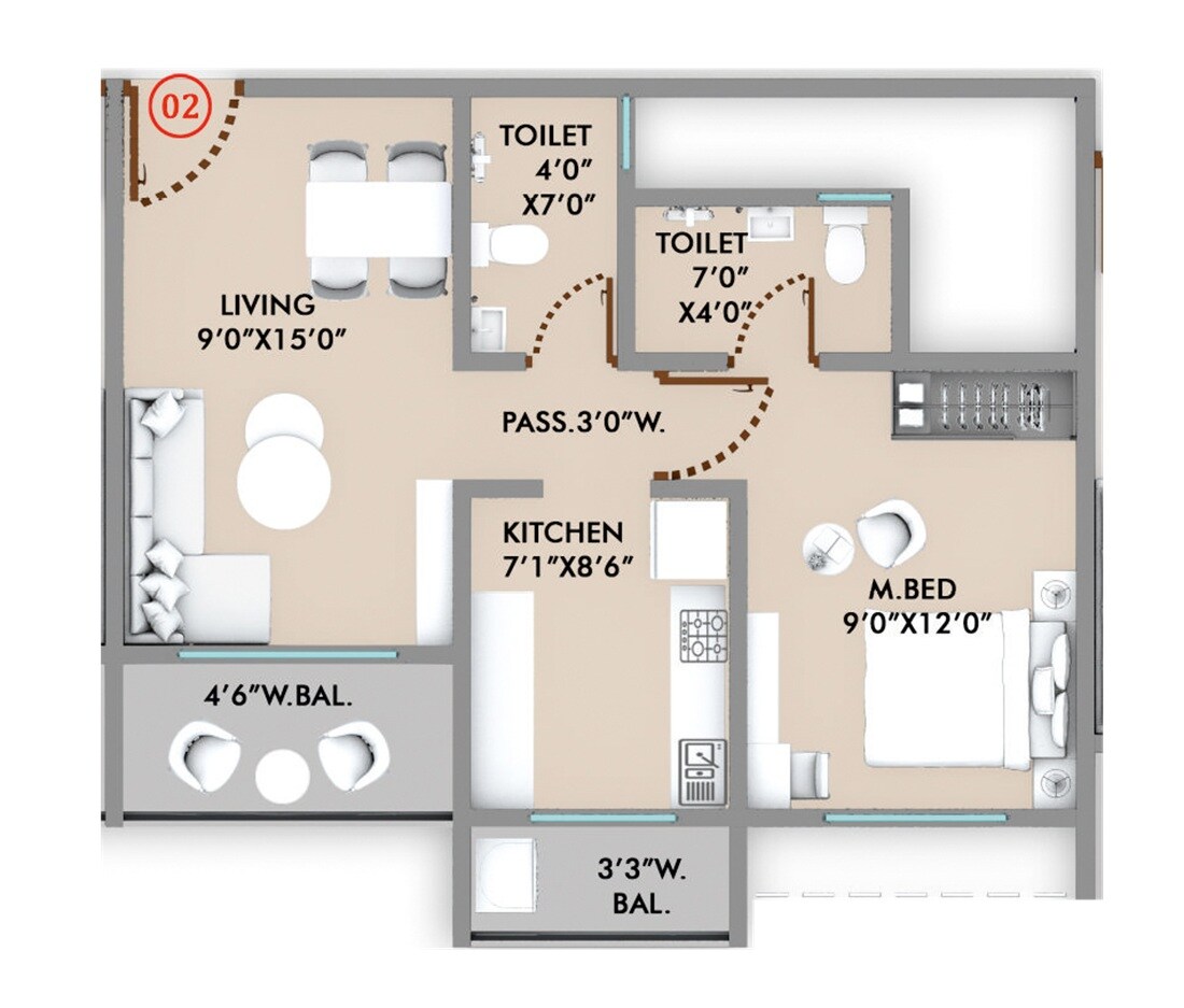 Floor plan of 1 BHK 480 Sq. Ft. Apartment in Virat Vastu, Thane
