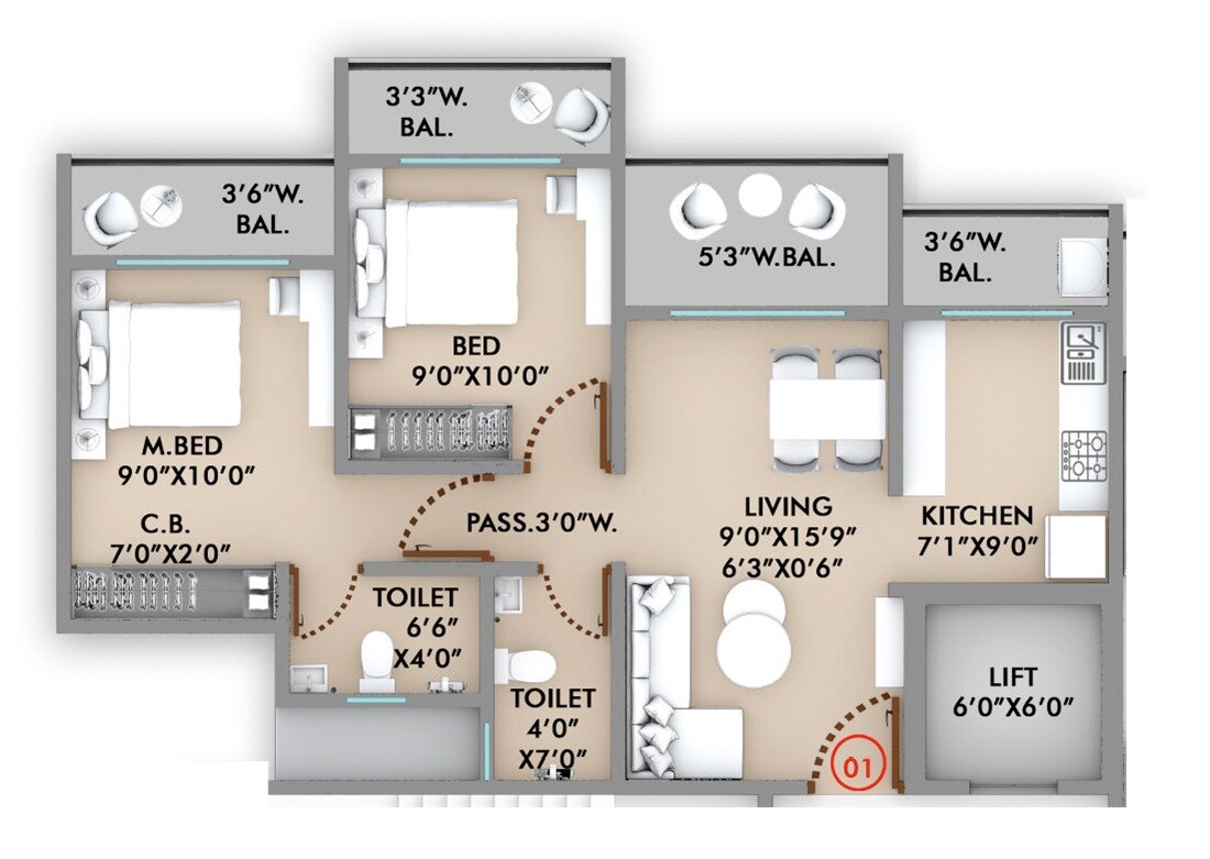Floor plan of 2 BHK 580 Sq. Ft. Apartment in Virat Vastu, Thane