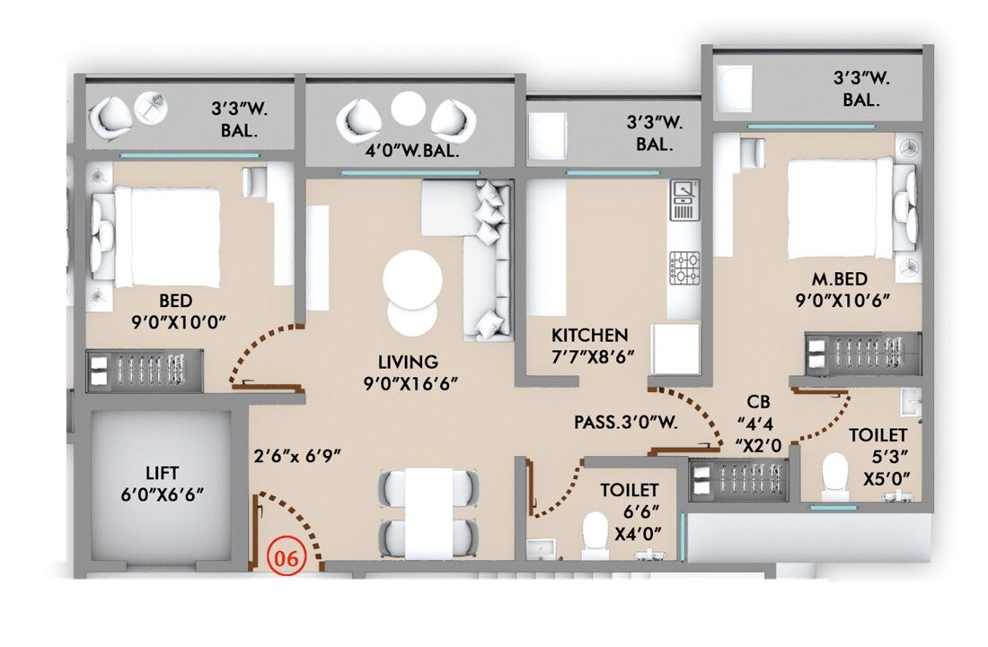 Floor plan of 2 BHK 677 Sq. Ft. Apartment in Virat Vastu, Thane