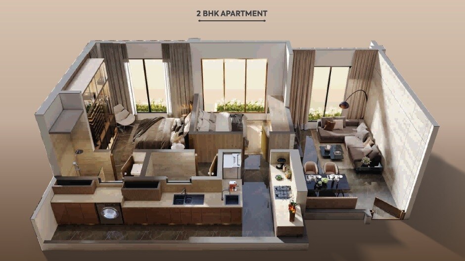 Floor plan of 2 BHK 672 Sq. Ft. Apartment in Virtuoso Ananta, Thane