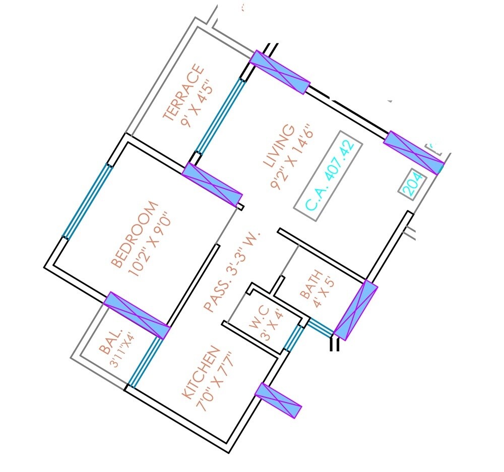 Floor plan of 1 BHK 408 Sq. Ft. Apartment in Vishnu Altezza, Thane