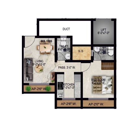 1 BHK 470 Sq. Ft. Apartment