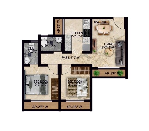 2 BHK 600 Sq. Ft. Apartment