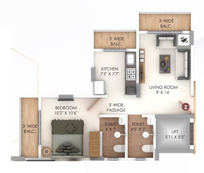 Floor plan of 1 BHK 389 Sq. Ft. Apartment in Vishwajeet Umit, Thane