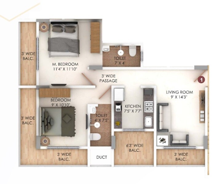 Floor plan of 2 BHK 540 Sq. Ft. Apartment in Vishwajeet Umit, Thane