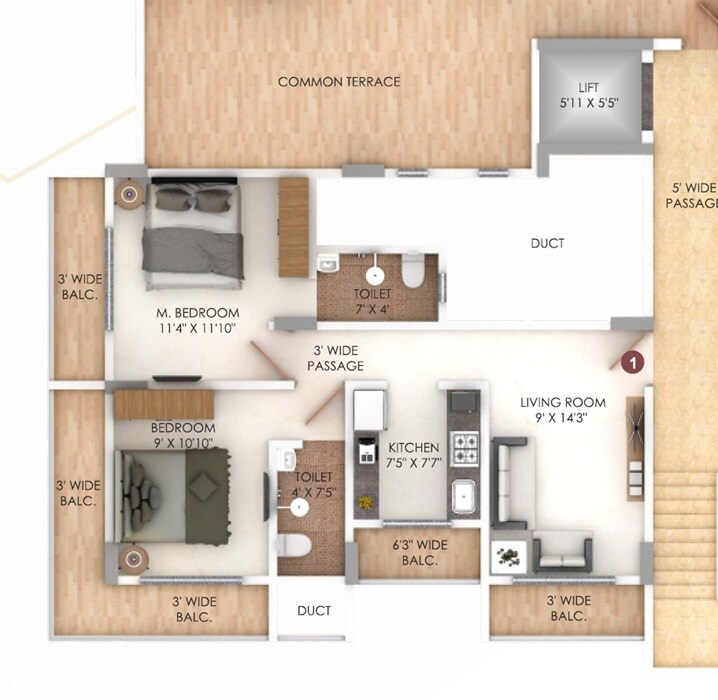 Floor plan of 2 BHK 548 Sq. Ft. Apartment in Vishwajeet Umit, Thane