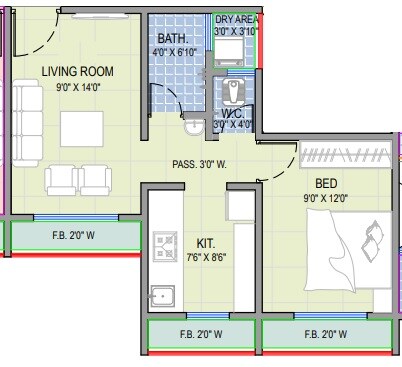 Floor plan of 1 BHK 373 Sq. Ft. Apartment in VVKS Tisai Srushti, Thane