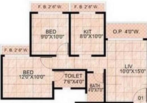 Floor plan of 2 BHK Apartment - 632 sq. ft. in Wadhwa Daisy Gardens, Thane