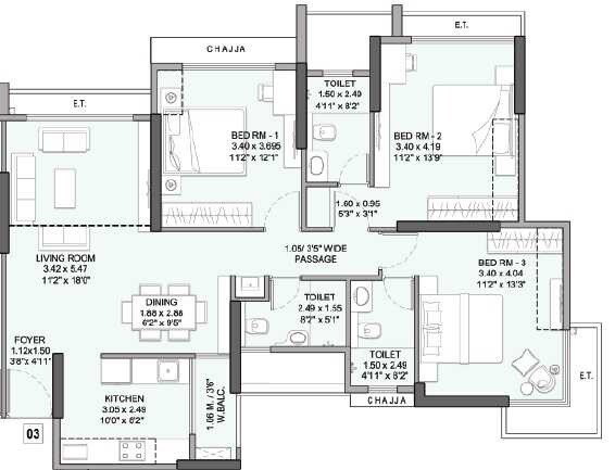 3 BHK 898 Sq. Ft. Apartment