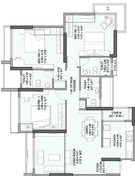Floor plan of 3 BHK 939 Sq. Ft. Apartment in Wadhwa Elite Platina, Thane