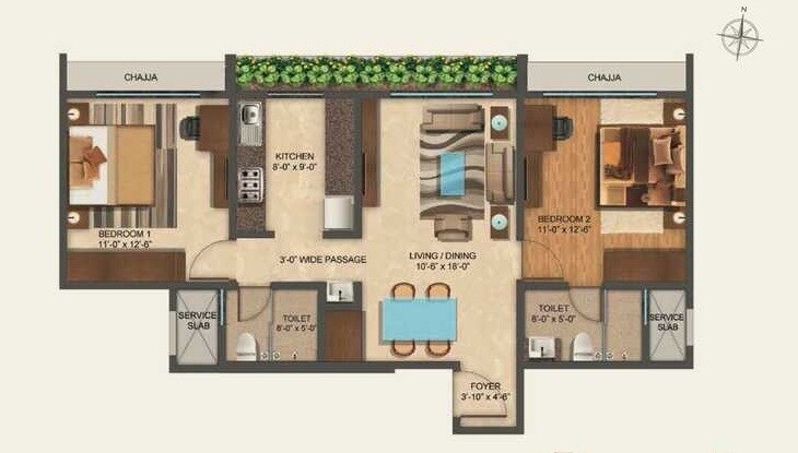 Floor plan of 2 BHK 590 Sq. Ft. Apartment in Wadhwa Elite Solitaire, Thane