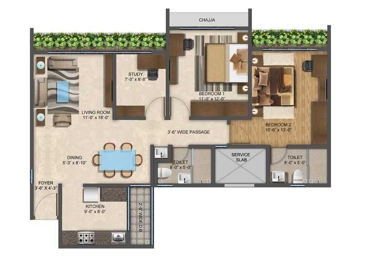 Floor plan of 2 BHK 833 Sq. Ft. Apartment in Wadhwa Elite Solitaire, Thane