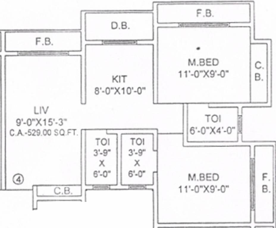 Floor plan of 2 BHK 530 Sq. Ft. Apartment in Walchand Apartments, Thane