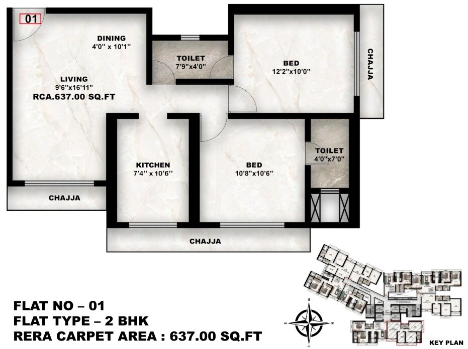 Floor plan of 2 BHK 637 Sq. Ft. Apartment in Walchand Park View, Thane