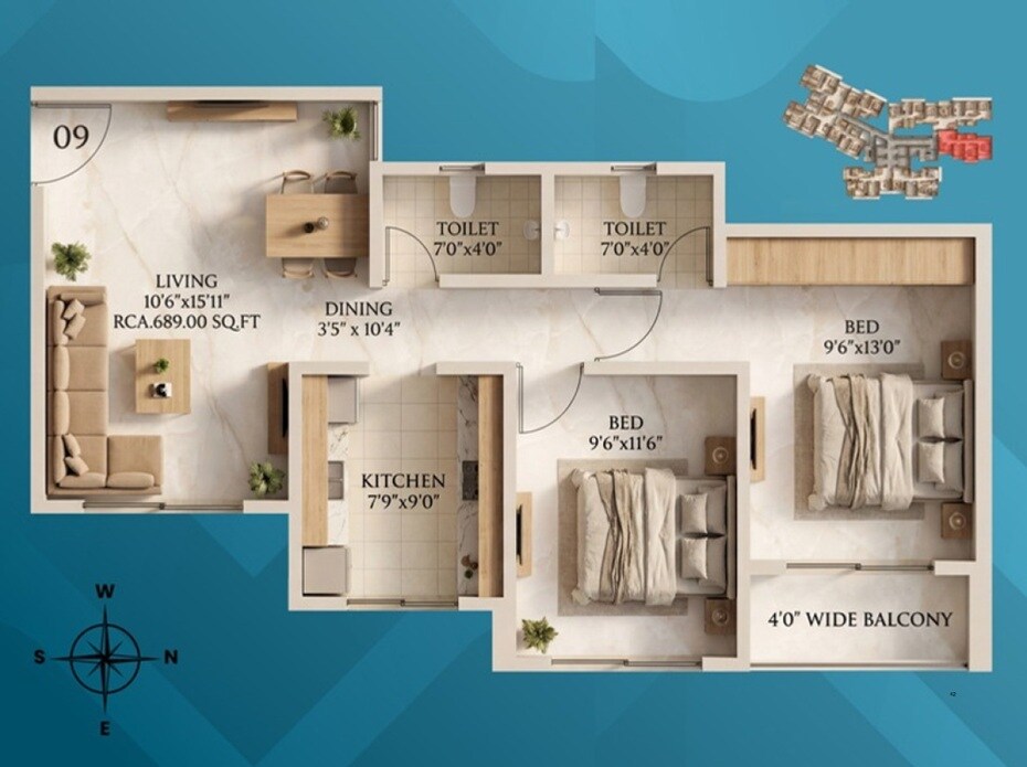 Floor plan of 2 BHK 689 Sq. Ft. Apartment in Walchand Park View, Thane