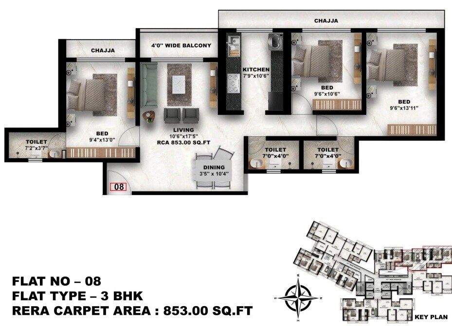 Floor plan of 3 BHK 853 Sq. Ft. Apartment in Walchand Park View, Thane