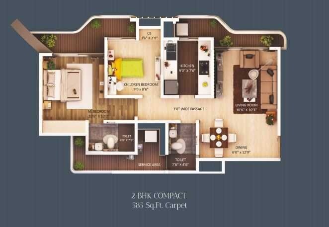 Floor plan of 2 BHK 585 Sq. Ft. Apartment in Waterfront Tropical Panache, Thane