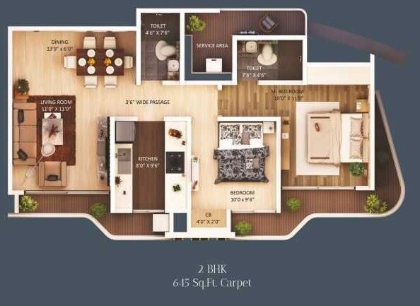Floor plan of 2 BHK 645 Sq. Ft. Apartment in Waterfront Tropical Panache, Thane