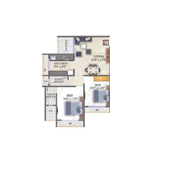 Floor plan of 2 BHK 800 Sq. Ft. Apartment in Western Arch Sai Galaxy, Thane