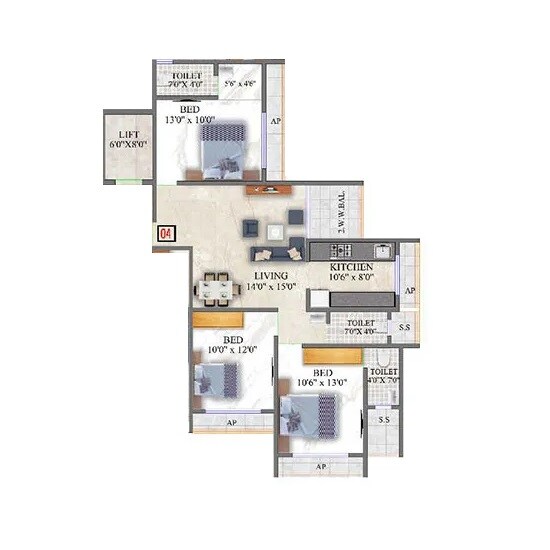 Floor plan of 3 BHK 779 Sq. Ft. Apartment in Western Arch Sai Galaxy, Thane