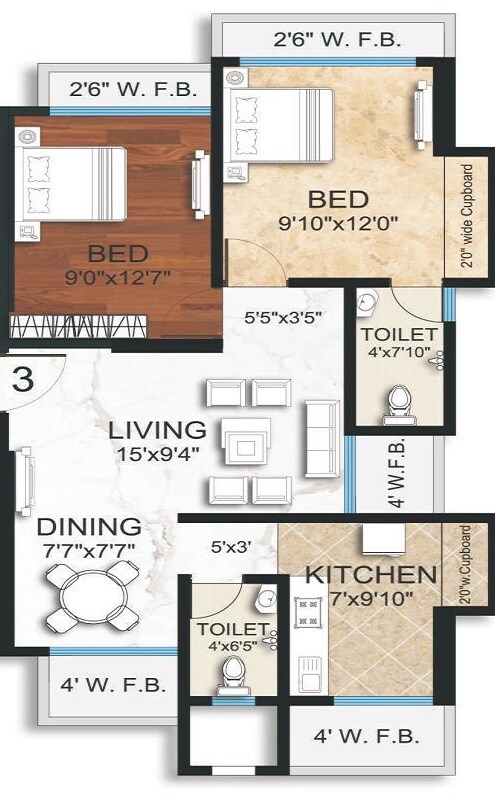 Floor plan of 2 BHK 553 Sq. Ft. Apartment in Westin Ellora Height, Thane