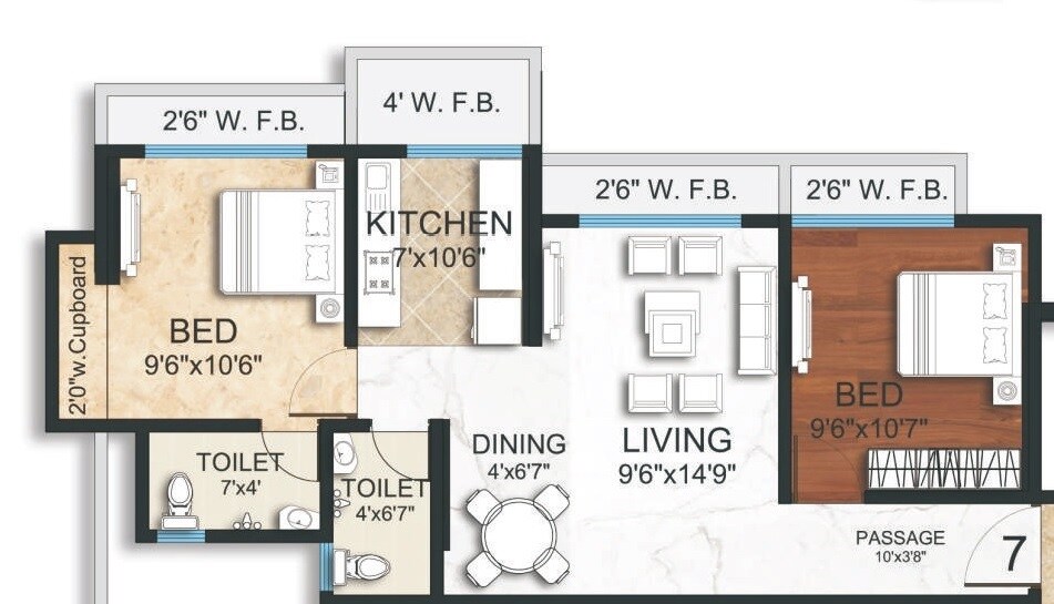 Floor plan of 2 BHK 605 Sq. Ft. Apartment in Westin Ellora Height, Thane