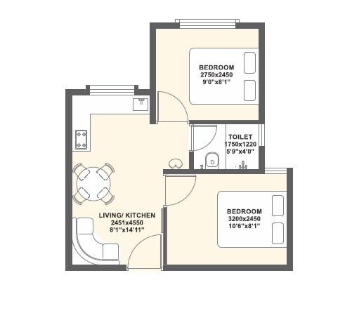 Floor plan of 2 BHK 263 Sq. Ft. Apartment in Xrbia Aashiyana City, Thane