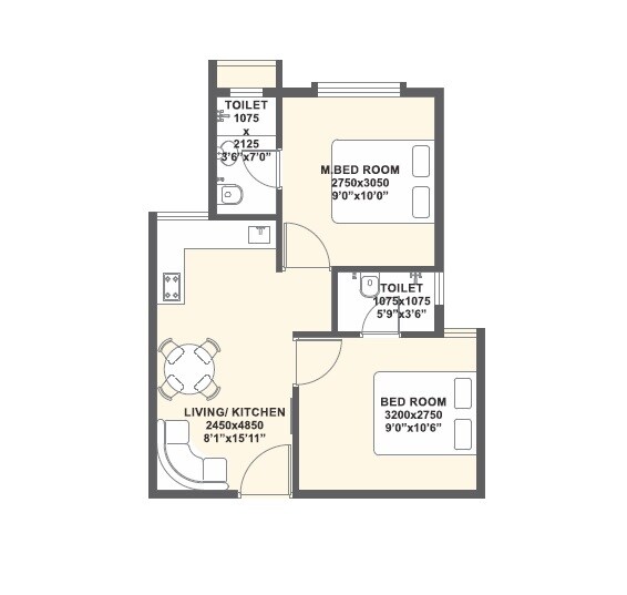 Floor plan of 2 BHK 379 Sq. Ft. Apartment in Xrbia Aashiyana City, Thane