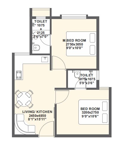 Floor plan of 2 BHK 392 Sq. Ft. Apartment in Xrbia Vangani, Thane
