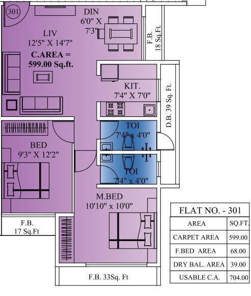 Floor plan of 2 BHK 599 Sq. Ft. Apartment in Yash Govinda Padmanabh, Thane