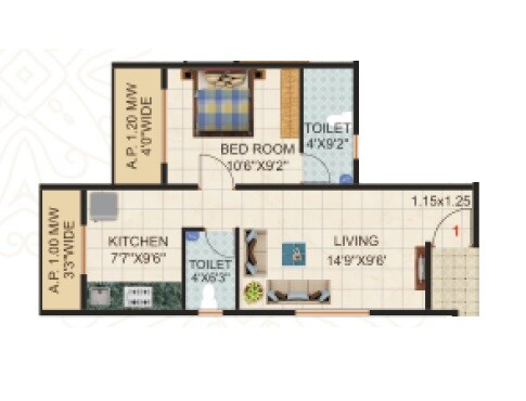 Floor plan of 1 BHK 359 Sq. Ft. Apartment in Yash Mahalaxmi Residency, Thane