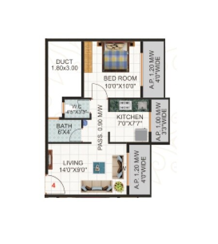 Floor plan of 1 BHK 450 Sq. Ft. Apartment in Yash Mahalaxmi Residency, Thane