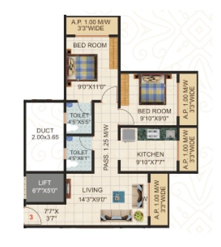 Floor plan of 2 BHK 494 Sq. Ft. Apartment in Yash Mahalaxmi Residency, Thane