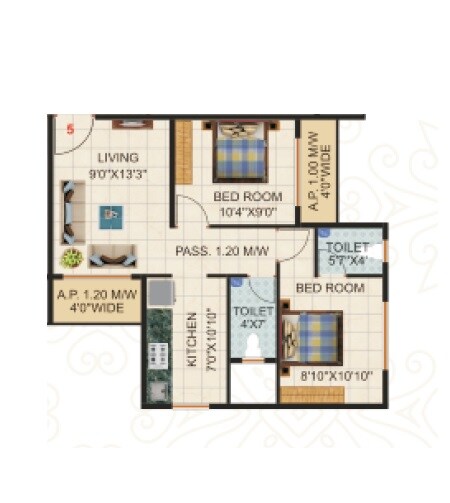 Floor plan of 2 BHK 552 Sq. Ft. Apartment in Yash Mahalaxmi Residency, Thane