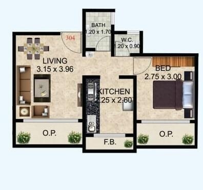 Floor plan of 1 BHK 434 Sq. Ft. Apartment in Yash Yashraj Paradise, Thane