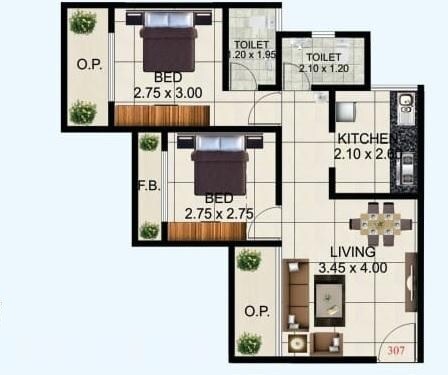 Floor plan of 2 BHK 572 Sq. Ft. Apartment in Yash Yashraj Paradise, Thane