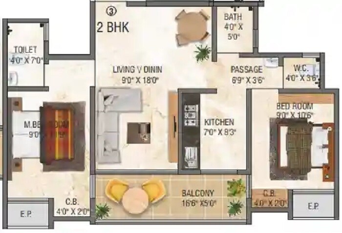 Floor plan of 2 BHK 537 Sq. Ft. Apartment in Yes Central Galleria, Thane