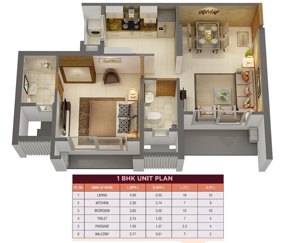 Floor plan of 1 BHK 410 Sq. Ft. Apartment in Yogi Ajmera Bliss, Thane