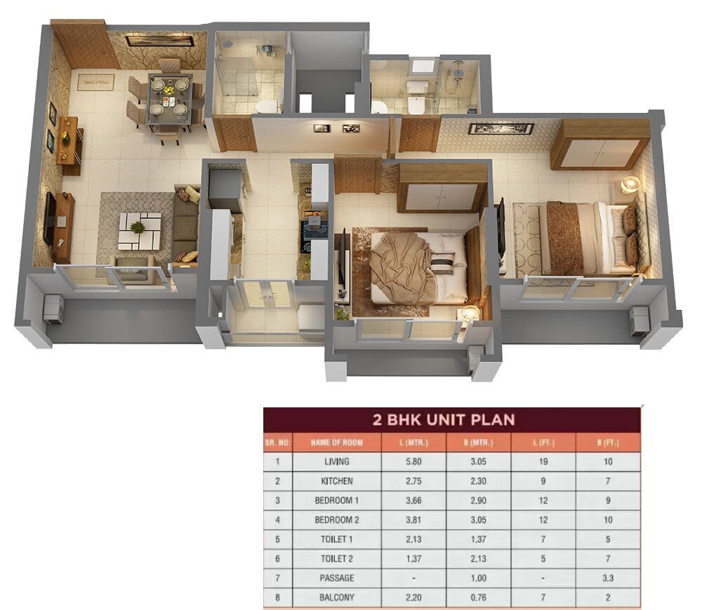 Floor plan of 2 BHK 546 Sq. Ft. Apartment in Yogi Ajmera Bliss, Thane