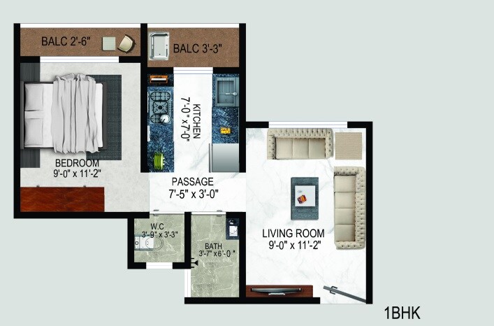 Floor plan of 1 BHK 418 Sq. Ft. Apartment in Yogi Belleza, Thane