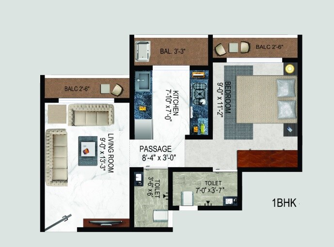 Floor plan of 1 BHK 451 Sq. Ft. Apartment in Yogi Belleza, Thane