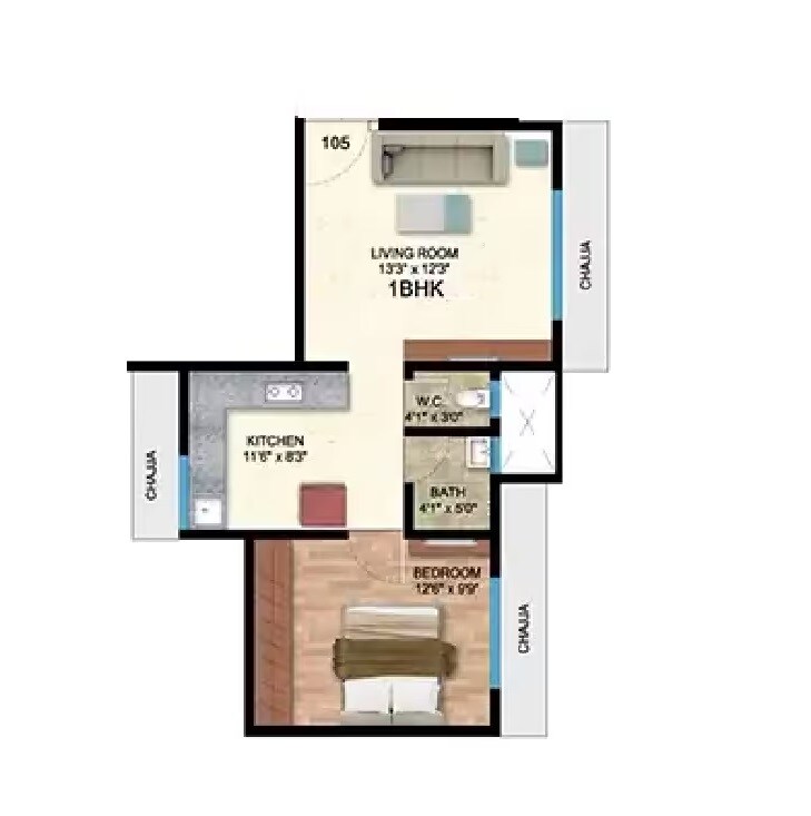 Floor plan of 1 BHK 416 Sq. Ft. Apartment in Yogi New Suyash CHS, Thane