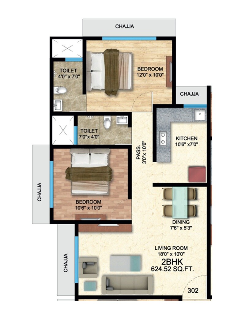 Floor plan of 2 BHK 625 Sq. Ft. Apartment in Yogi New Suyash CHS, Thane